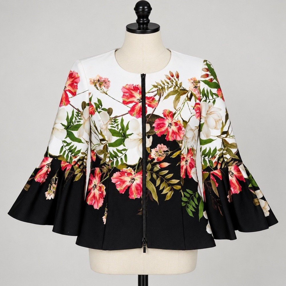 Joseph Ribkoff Floral Peplum Jacket Top Bell Sleeve Zip Front Country Club SZ 8